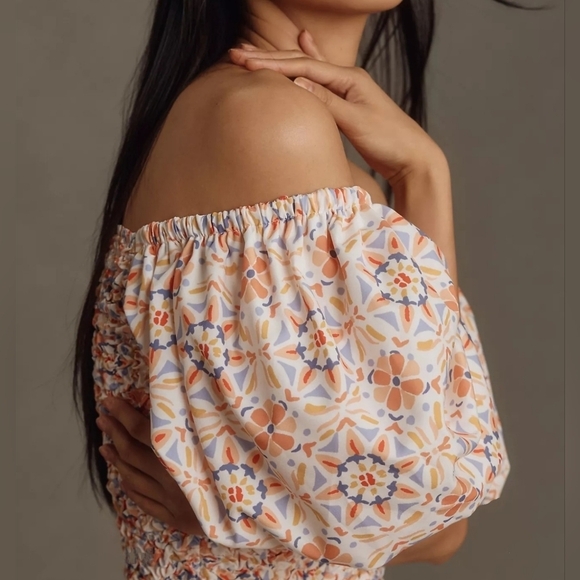 DOLAN Anthropologie Off-Shoulder Puff Sleeve Textured Top, Orange Pattern, XL - Picture 8 of 13